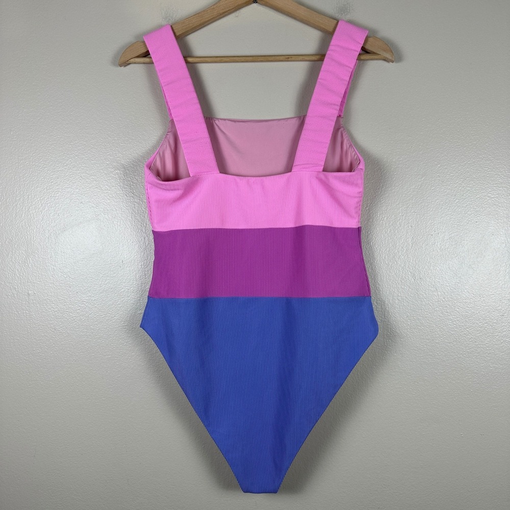 Beach Riot Women's Large One Piece Swimsuit Pink Colorblock Ribbed Square Neck - Picture 2 of 5